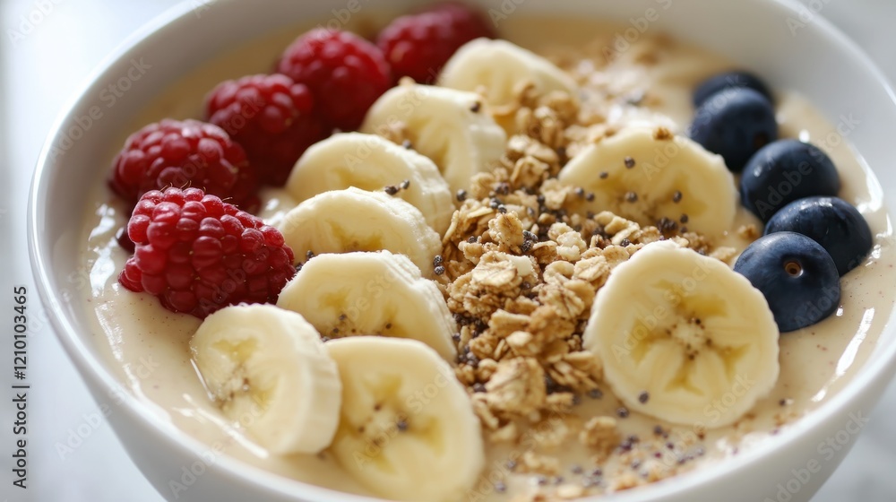 Refreshing smoothie bowl made with bananas and mixed berries for a spring treat Refreshing smoothie bowl made with bananas and mixed berries for a spring treat