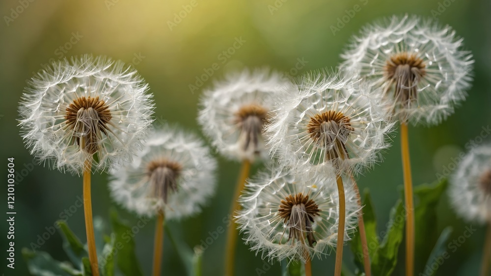Dandelions in bloom during the golden hour showcasing delicate seed heads and rich green foliage Dandelions in bloom during the golden hour showcasing delicate seed heads and rich green foliage