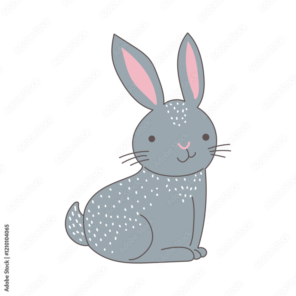 Obraz premium Cute domestic rabbit in flat design. Happy pet sitting, fluffy bunny. Vector illustration isolated.