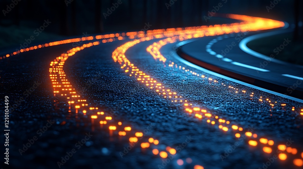 Fototapeta premium The Road Ahead: A winding road illuminated by the warm glow of headlights stretches out before us, the asphalt reflecting the vibrant colors of the passing cars.