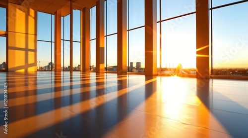 Modern room with large windows at sunset with golden light and city view in the background