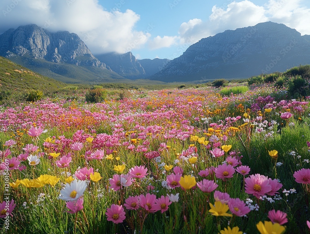 Vibrant Field of Wildflowers Under a Majestic Mountain Range with Cloudy Sky Vibrant Field of Wildflowers Under a Majestic Mountain Range with Cloudy Sky