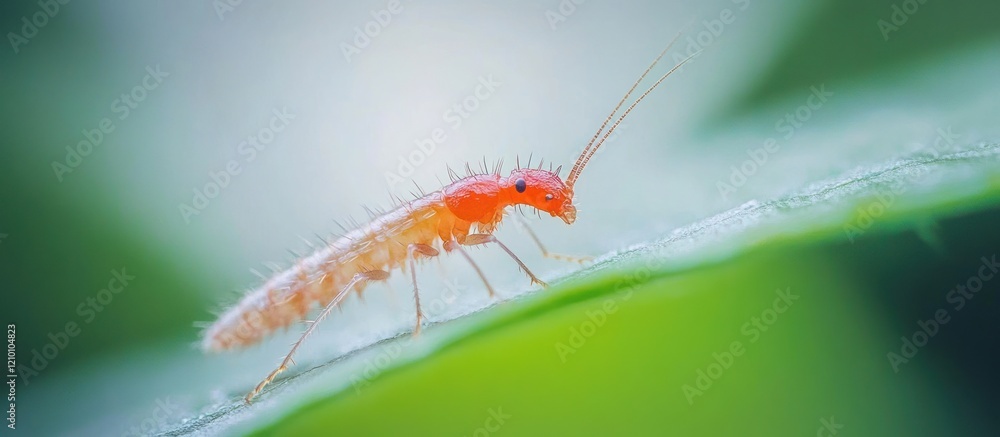 Fototapeta premium Red insect crawls green leaf, blurred background, nature macro