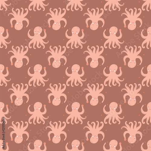 Seamless pattern with a funny octopus. Marine theme. Sea animal background. 