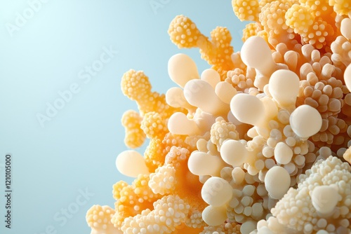 Abstract coral like structure in warm tones against a light blue background with soft light