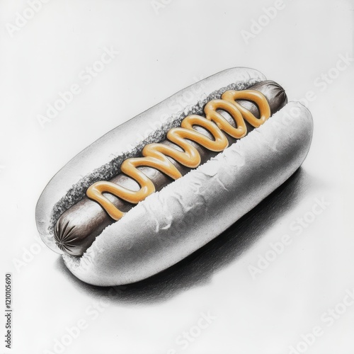 Classic hot dog sketch featuring mustard and ketchup in detailed pencil art style photo