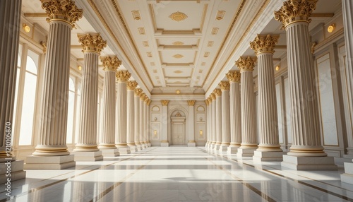 Grand Palace Hallway  Luxurious Marble Floor  Golden Corinthian Columns  Sunlight  Architecture  Interior Design