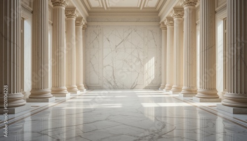 Sunlit Marble Hallway with Classical Columns  Architecture  Interior Design  Luxury  Grandeur