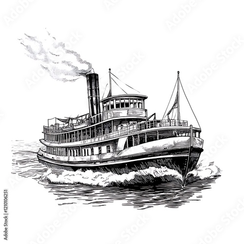 Vintage steamship illustration, ink drawing of a historic ferryboat navigating water