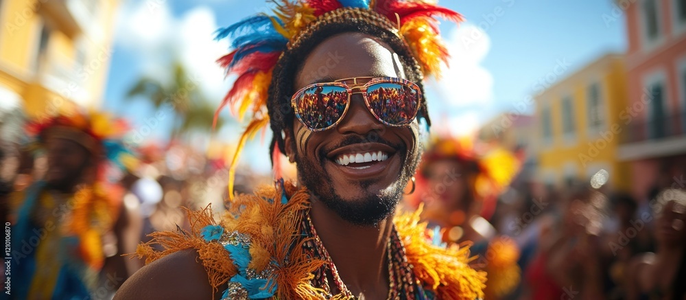Smiling man in carnival costume, vibrant street parade, sunny day Smiling man in carnival costume, vibrant street parade, sunny day