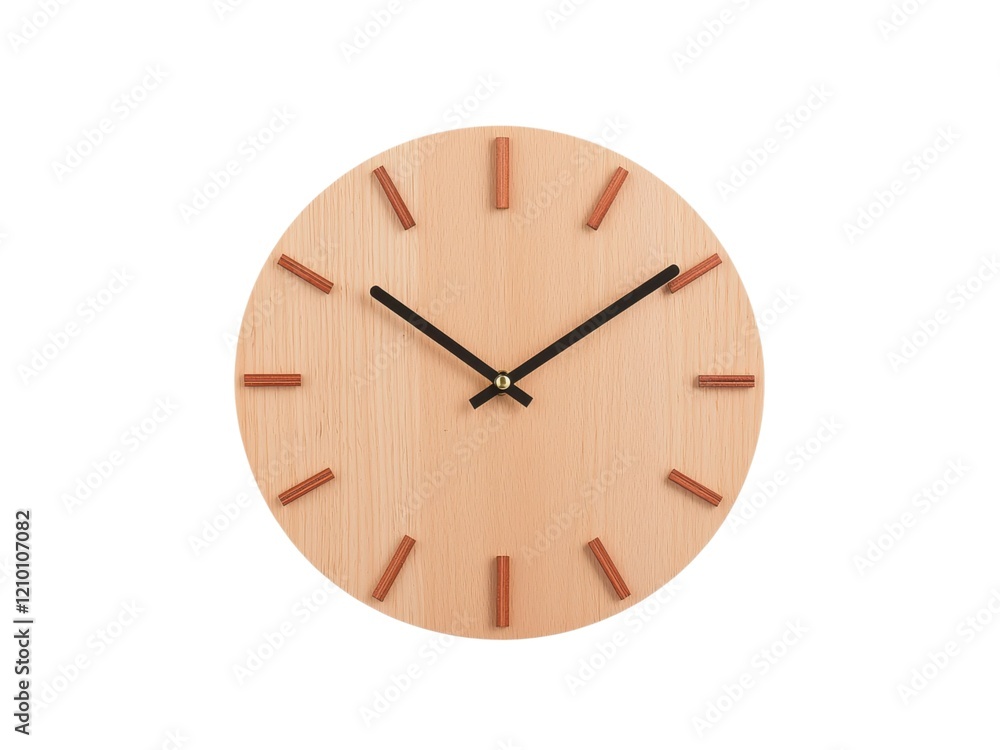 Sustainable and Wooden product. Wooden wall clock with minimalist design and black hands on a light wood background. Sustainable and Wooden product. Wooden wall clock with minimalist design and black hands on a light wood background.