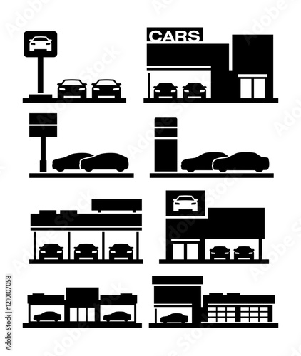Cars Dealership Store Buildings Vector Icons 