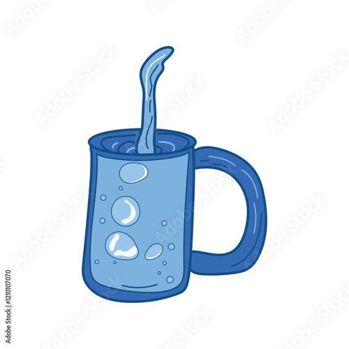 Water cup with liquid pour in flat design. Beverage with wet flowing. Vector illustration isolated.