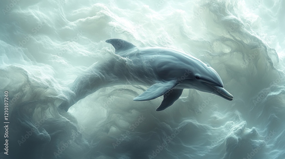 Obraz premium Dolphin swimming ocean swirling mist, fantasy art, poster