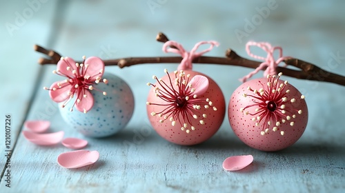 A bright and cheerful Easter background with hanging pastel-colored eggs and delicate flower petals scattered on a soft white table. photo