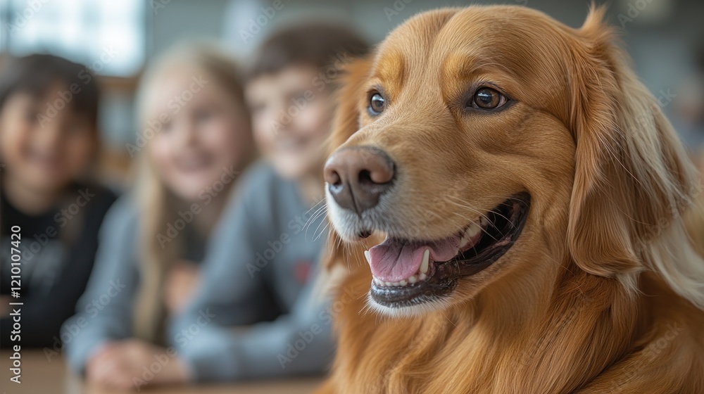 Golden Retriever therapy dog with children in library Golden Retriever therapy dog with children in library