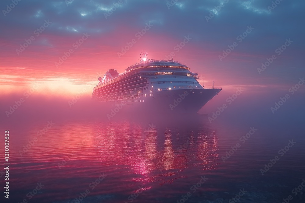 Cruise ship sailing foggy ocean sunset Cruise ship sailing foggy ocean sunset