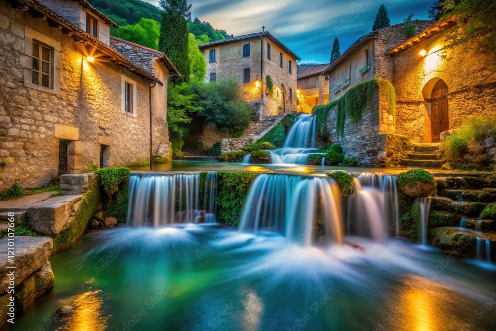 Fototapeta premium Umbrian night: Rasiglia's waterfall cascades under a long exposure, illuminating the ancient village.