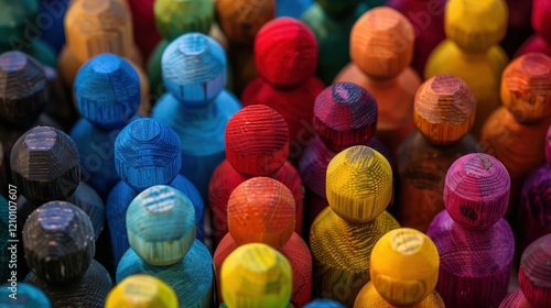 Diversity, inclusion, colorful wooden shapes of men and women on a black background, unity through vibrant, bold contrasts and simplicity