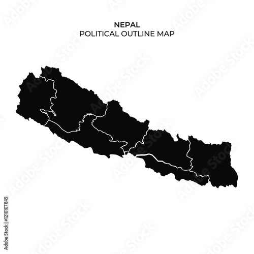 This outline map showcases the political regions of Nepal with clear demarcations of boundaries. The simplified design highlights the geographic structure of the country.