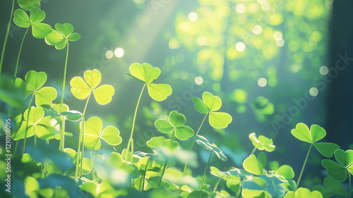 Clover leaf beautifully highlighted by afternoon's sunlight, st patrick background
