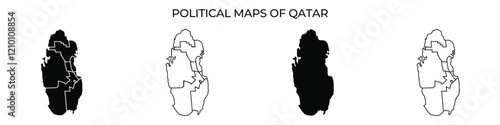Multiple political maps of Qatar are displayed in different colors and styles. These representations highlight the intricate boundaries and divisions within the country.