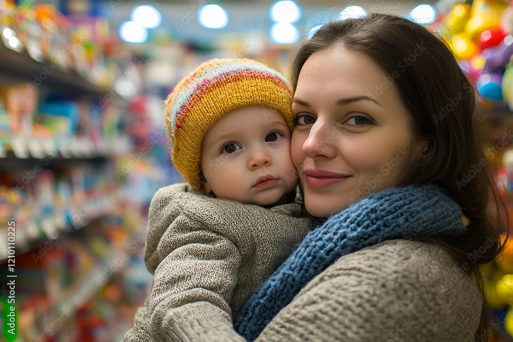 Obraz premium Parent Holding Baby Inside Toy Store with Bright Background, Generative AI