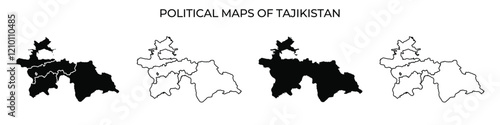 Different political maps of Tajikistan showcase various territories in contrasting colors. Each map represents specific regions and borders at distinct historical moments, depicting changes over time.