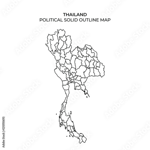 This solid outline map of Thailand displays the political divisions across the country. It highlights various regions, provinces, and geographical features concisely.