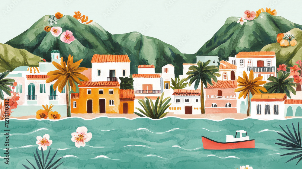 Naklejka premium Colorful coastal village with mountains and vibrant nature