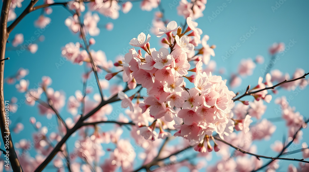 Pink sakura blossoms bloom in spring, painting the branches with delicate pink petals against the blue sky Pink sakura blossoms bloom in spring, painting the branches with delicate pink petals against the blue sky