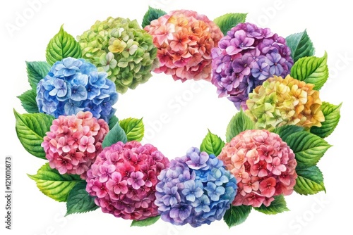 Vibrant watercolor hydrangea wreath, a botanical spring/summer celebration.