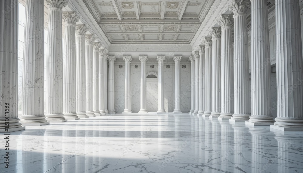 Obraz premium Sunlit Marble Hallway with Classical Columns: Architecture, Interior Design, Grandeur, Luxury, White Marble Floor