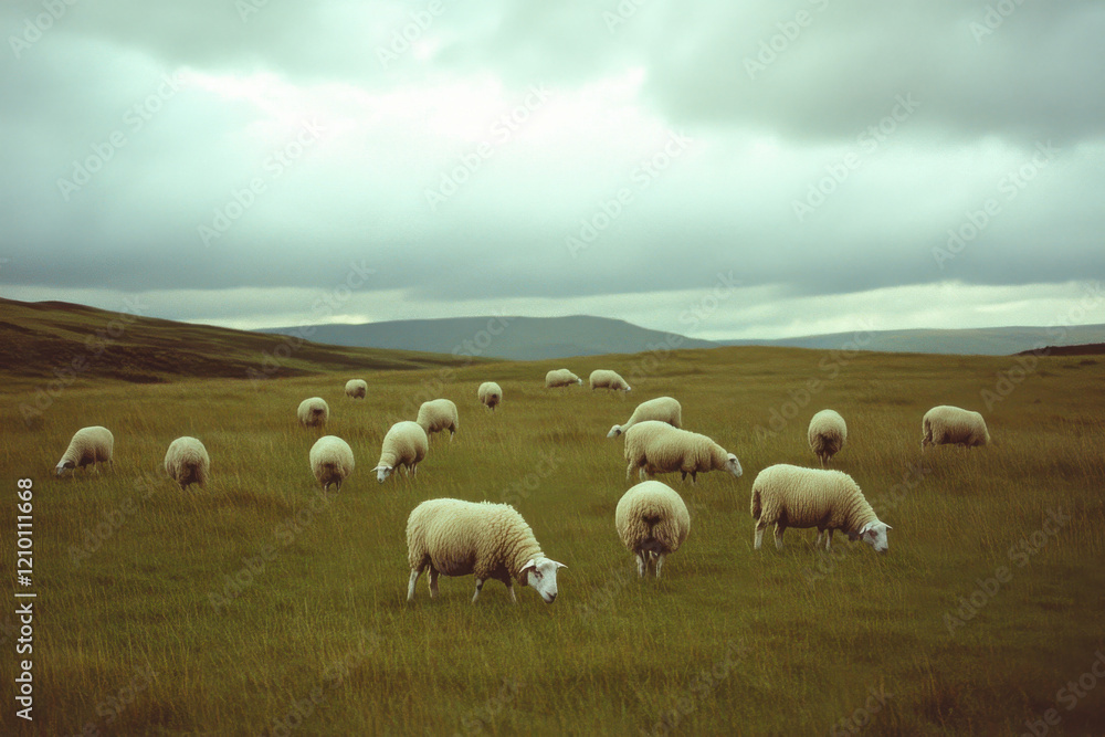 Obraz premium Flock of sheep grazing under a wide, open sky