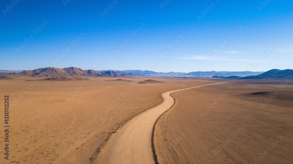 Aerial drone view of desert landscape with sand dunes and long road Aerial drone view of desert landscape with sand dunes and long road