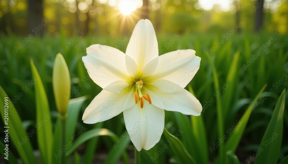 A white lily flower in full bloom is shown in a field of green leaves, with sunlight filtering through trees in the background, creating a serene and peaceful atmosphere A white lily flower in full bloom is shown in a field of green leaves, with sunlight filtering through trees in the background, creating a serene and peaceful atmosphere