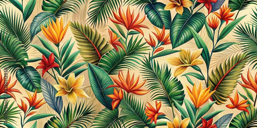 Naklejka premium Tropical seamless pattern with palm leaves and vibrant exotic flowers in shades of green