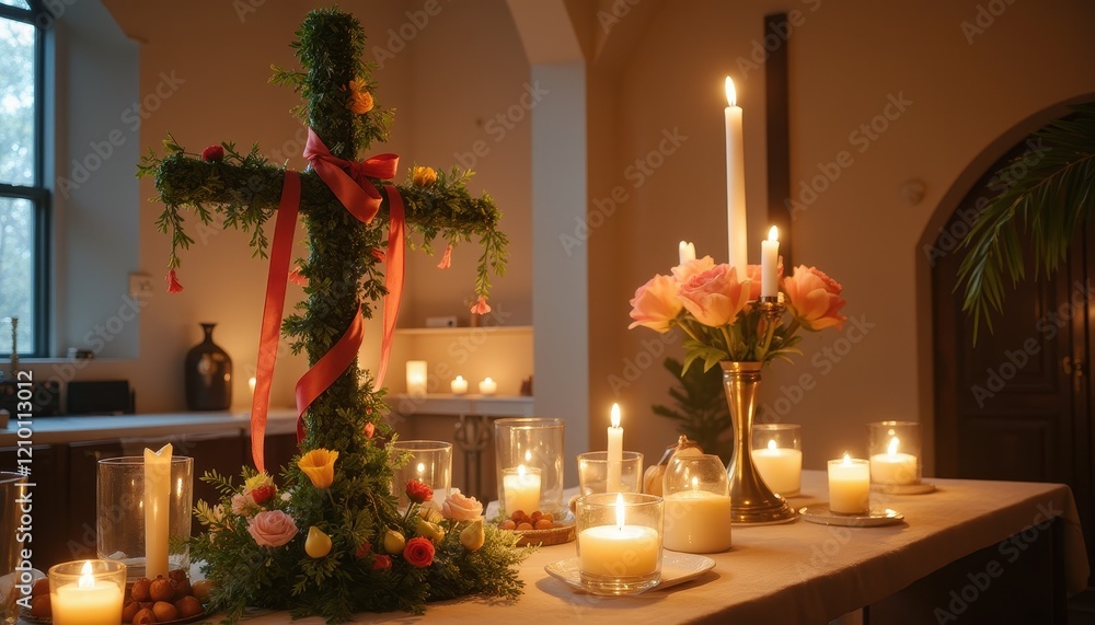 The image shows a beautifully decorated table with a cross made of greenery and flowers, surrounded by lit candles and a vase of pink roses. The scene is serene and appears to be set up for a religiou The image shows a beautifully decorated table with a cross made of greenery and flowers, surrounded by lit candles and a vase of pink roses. The scene is serene and appears to be set up for a religiou