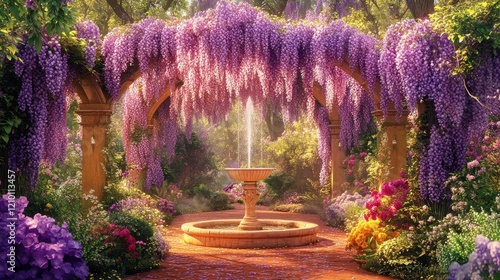 Fototapeta Naklejka Na Ścianę i Meble -  Vibrant garden with blossoming archways and a peaceful fountain surrounded by colorful flowers