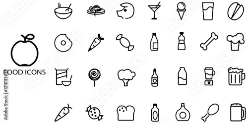 Food simple concept 28 icons set. Contains such shampaing, tea, coffee, noddle, ice-cream, fish finger, fish cutlet, soup etc. Vector illustration.