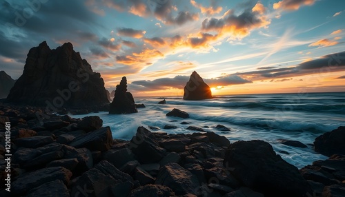 Majestic Ocean Sunset with Dramatic Rock Formations