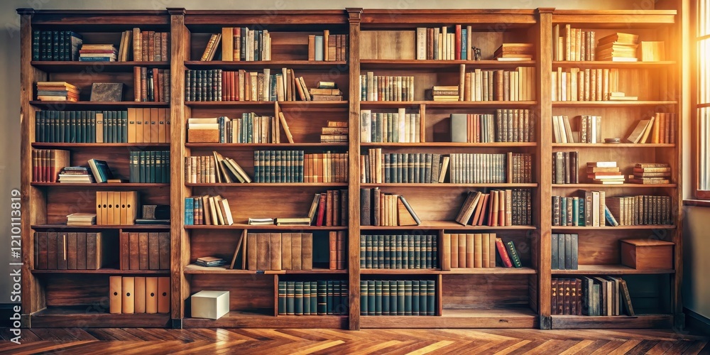 Old wooden bookshelf with books stacked on it in a study setting, surrounded by natural light and office supplies , study room Old wooden bookshelf with books stacked on it in a study setting, surrounded by natural light and office supplies , study room
