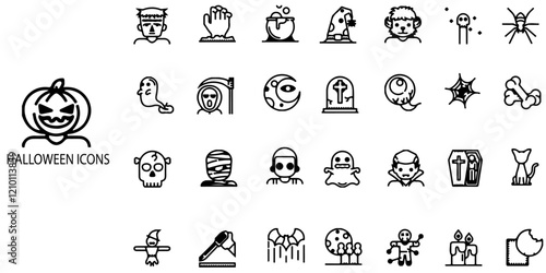 Halloween simple concept 28 icons set. Contains funny face, mask, doll. Vector illustration.