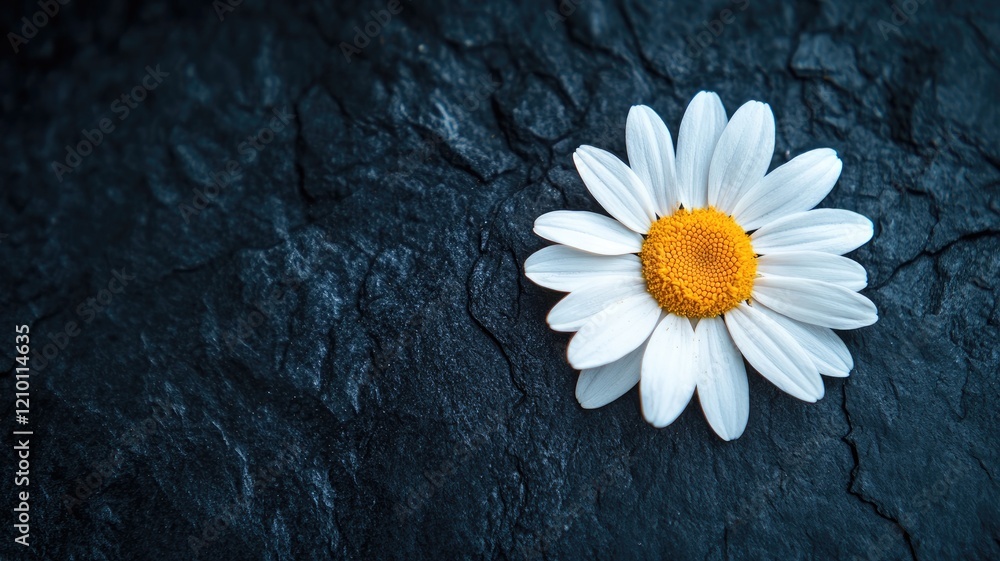 Obraz premium White daisy with yellow center on dark textured surface