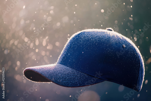 A baseball cap spinning on its peak, cheering for its team photo