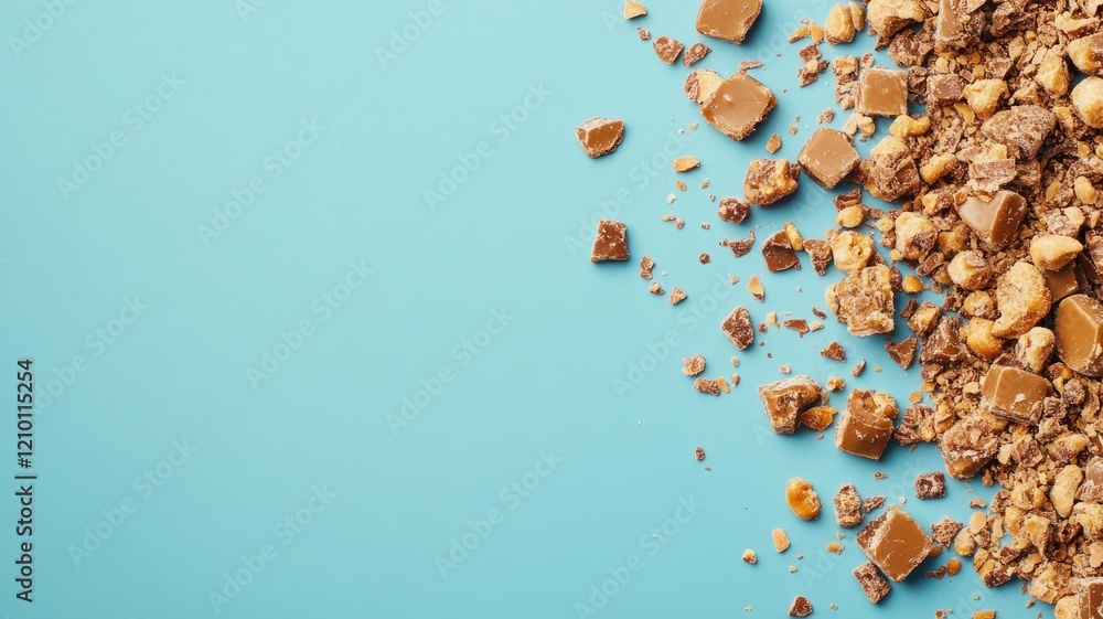Chocolate and nut pieces scattered on blue background Delicious mix of sweet crunchy treats Chocolate and nut pieces scattered on blue background Delicious mix of sweet crunchy treats