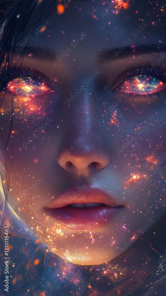 Serene portrait of a woman with cosmic elements illuminating her features in a dreamlike setting Serene portrait of a woman with cosmic elements illuminating her features in a dreamlike setting