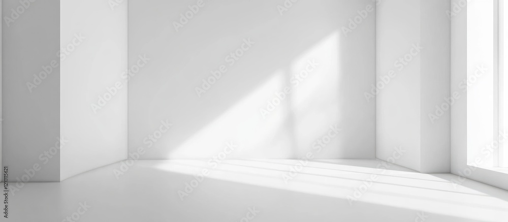 Fototapeta premium Minimalist white studio interior with immaculate walls and natural light perfect for showcasing products in a clean and modern space