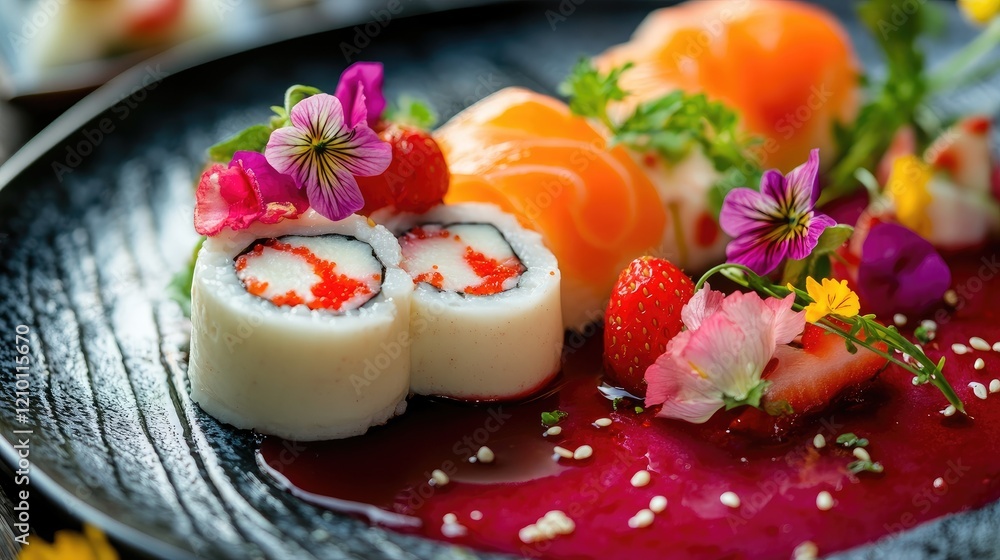 Exquisite Sushi and Panna Cotta Dessert Garnished with Fresh Strawberries and Colorful Edible Flowers on Elegant Plate Exquisite Sushi and Panna Cotta Dessert Garnished with Fresh Strawberries and Colorful Edible Flowers on Elegant Plate