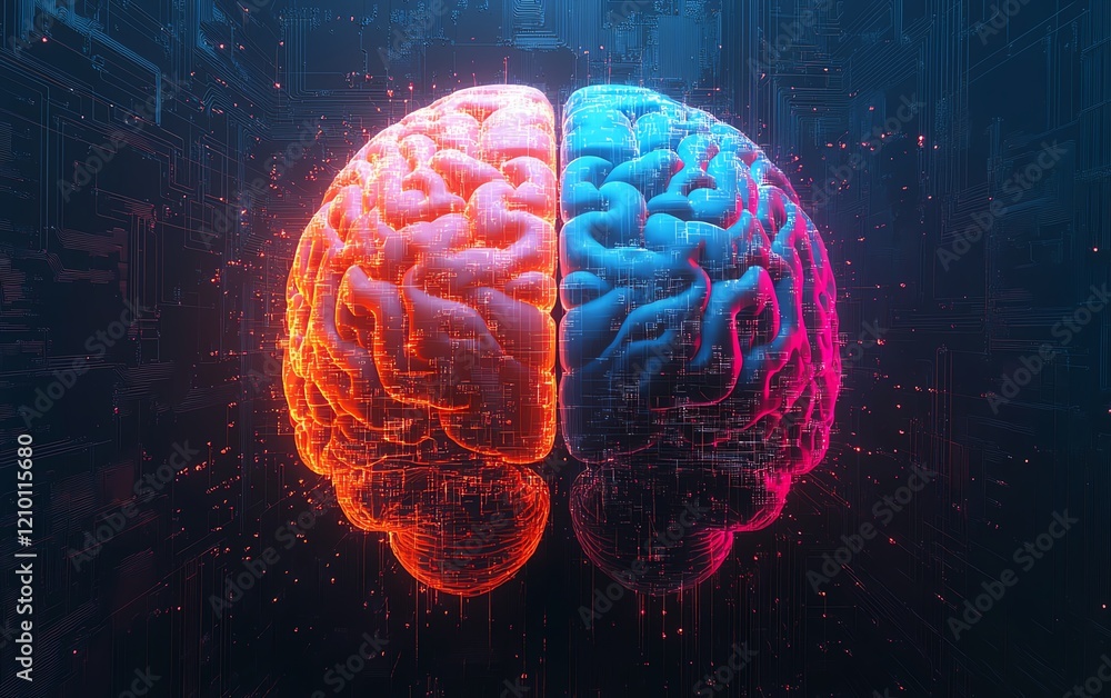 Right and left hemispheres of the brain, representing creativity and logic, generative AI interpretation, colorful and futuristic design, intricate details Right and left hemispheres of the brain, representing creativity and logic, generative AI interpretation, colorful and futuristic design, intricate details